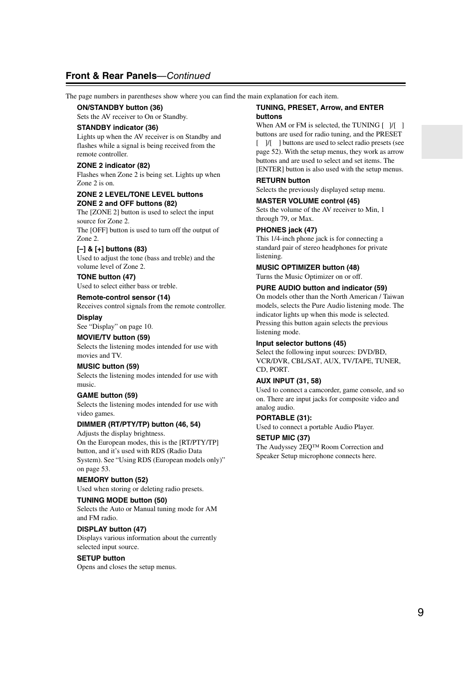 Front & rear panels —continued | Onkyo TX SR507 User Manual | Page 9 / 100
