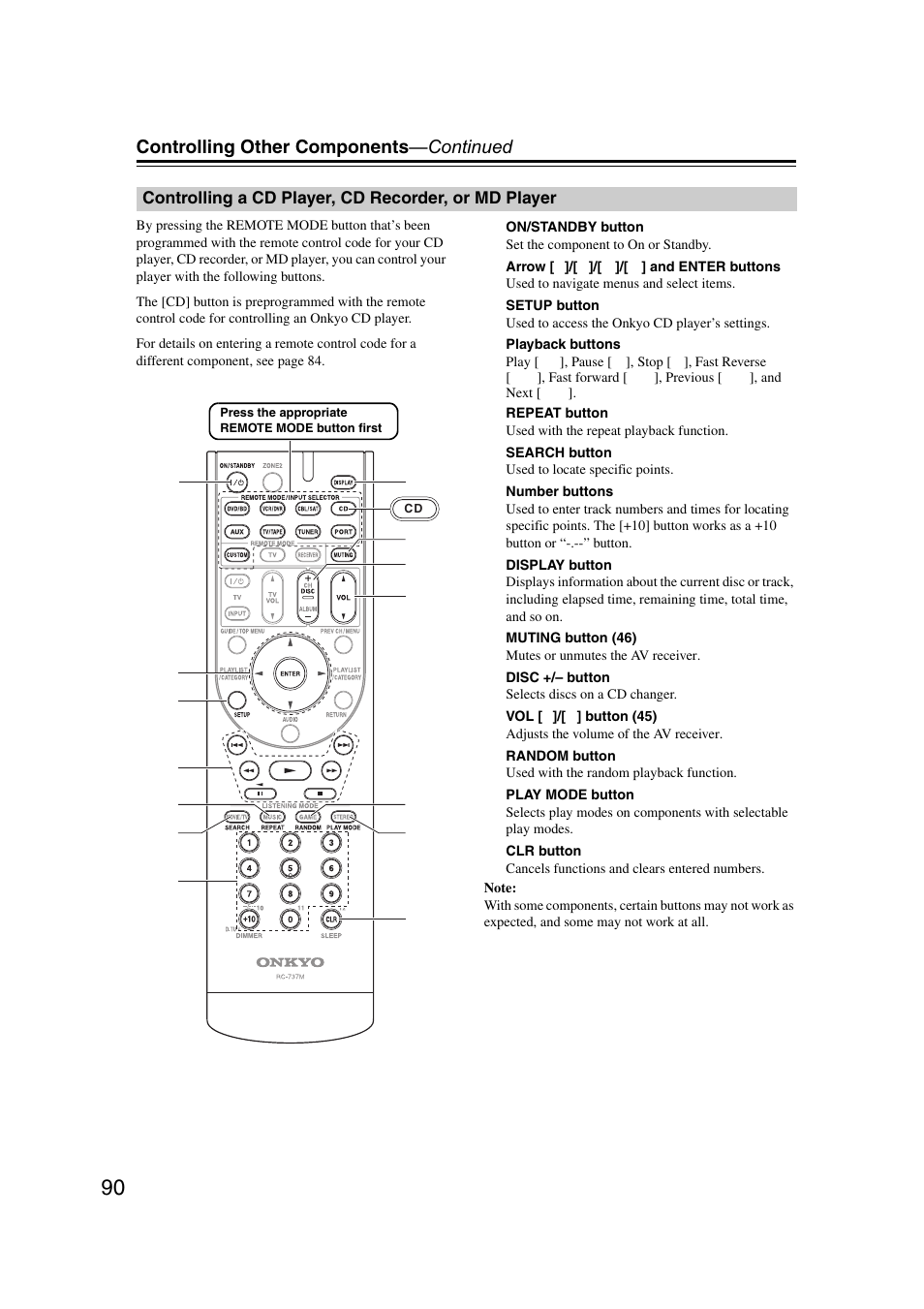 Controlling a cd player, cd recorder, or md player, Controlling a cd player, cd recorder, Or md player | Controlling other components —continued | Onkyo TX SR507 User Manual | Page 90 / 100