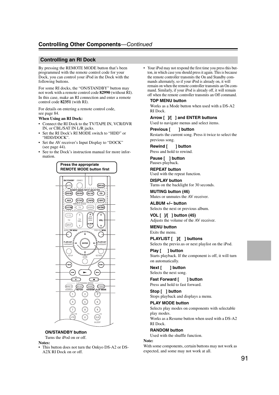 Controlling an ri dock, Controlling other components —continued | Onkyo TX SR507 User Manual | Page 91 / 100