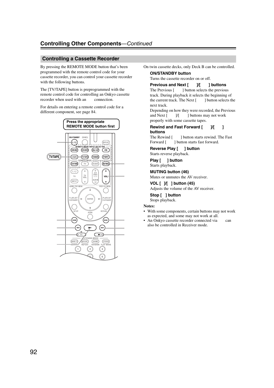 Controlling a cassette recorder, Controlling other components —continued | Onkyo TX SR507 User Manual | Page 92 / 100