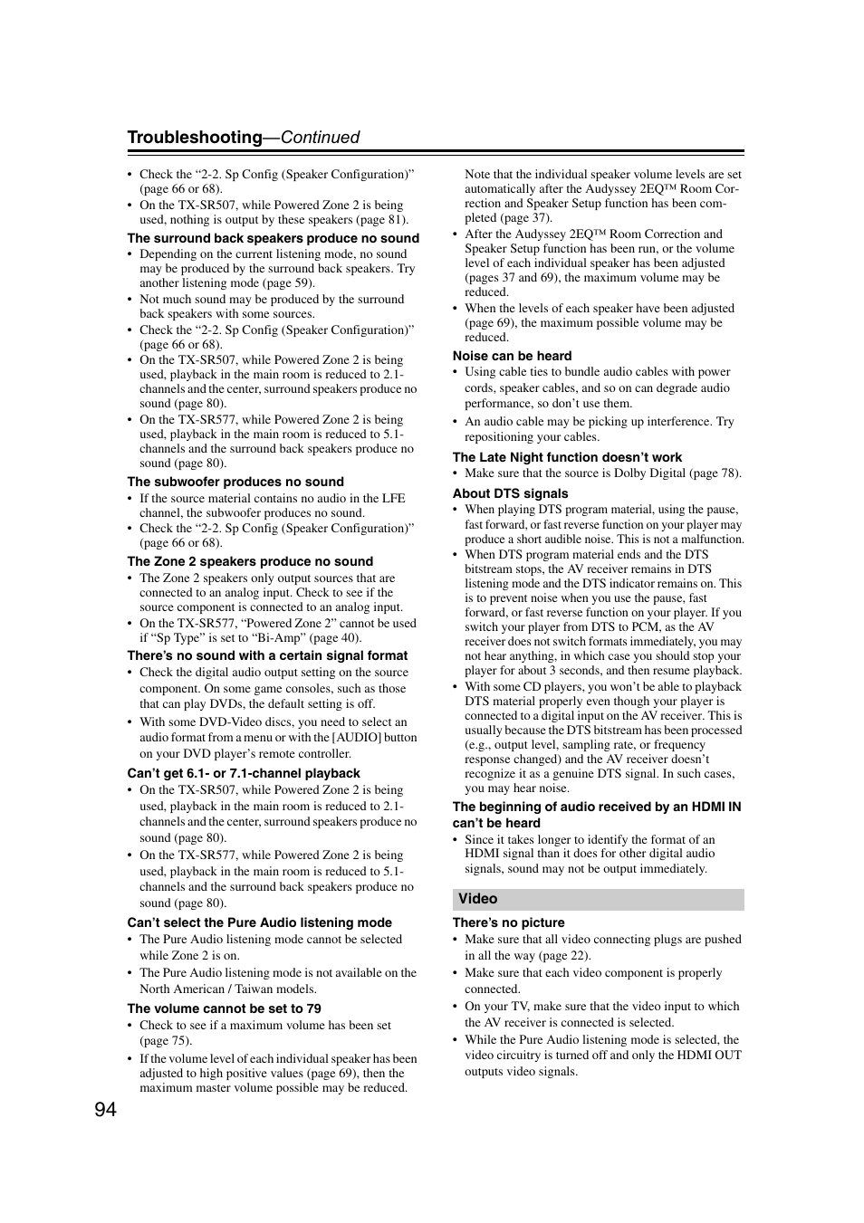 Troubleshooting —continued | Onkyo TX SR507 User Manual | Page 94 / 100