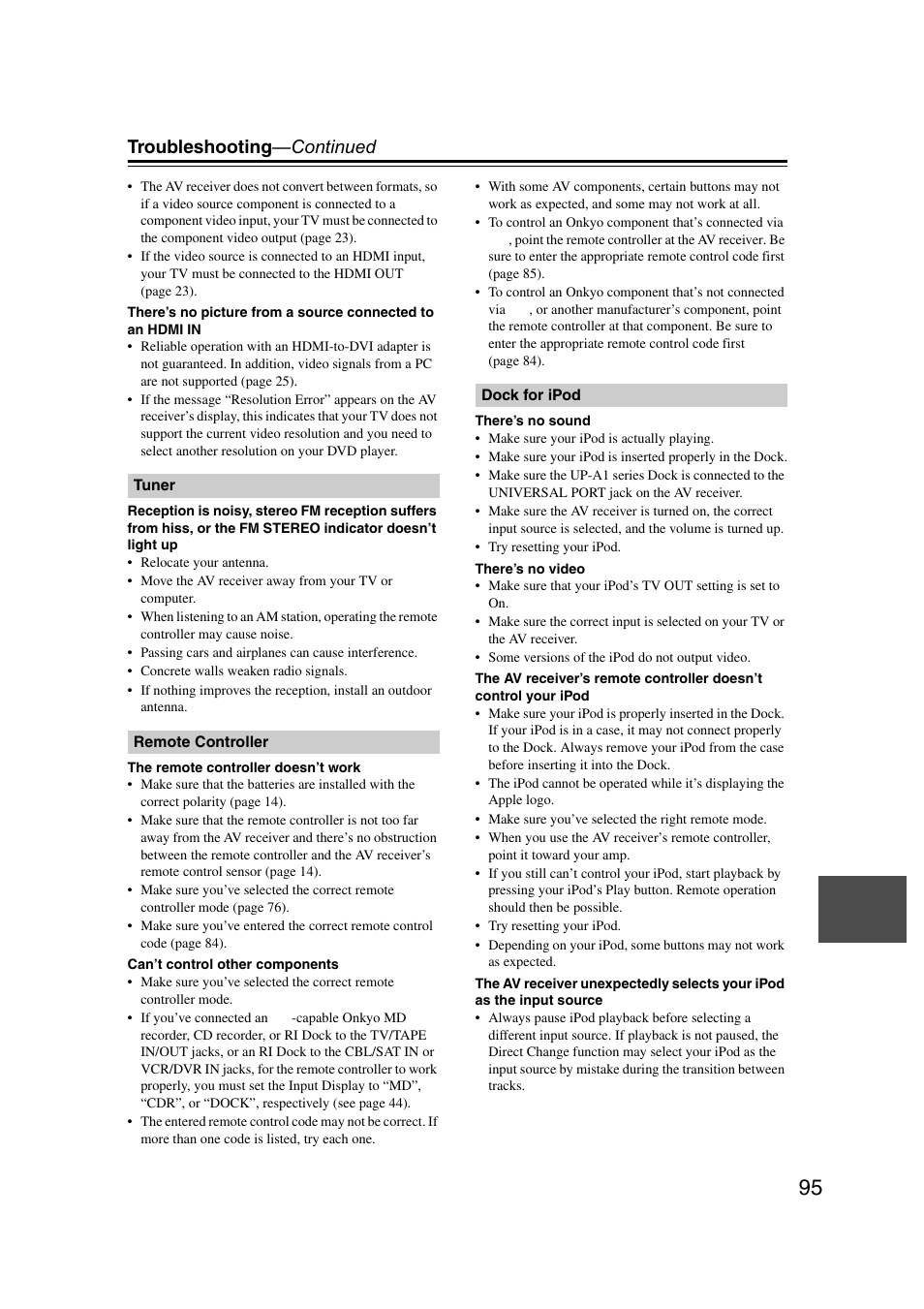 Troubleshooting —continued | Onkyo TX SR507 User Manual | Page 95 / 100