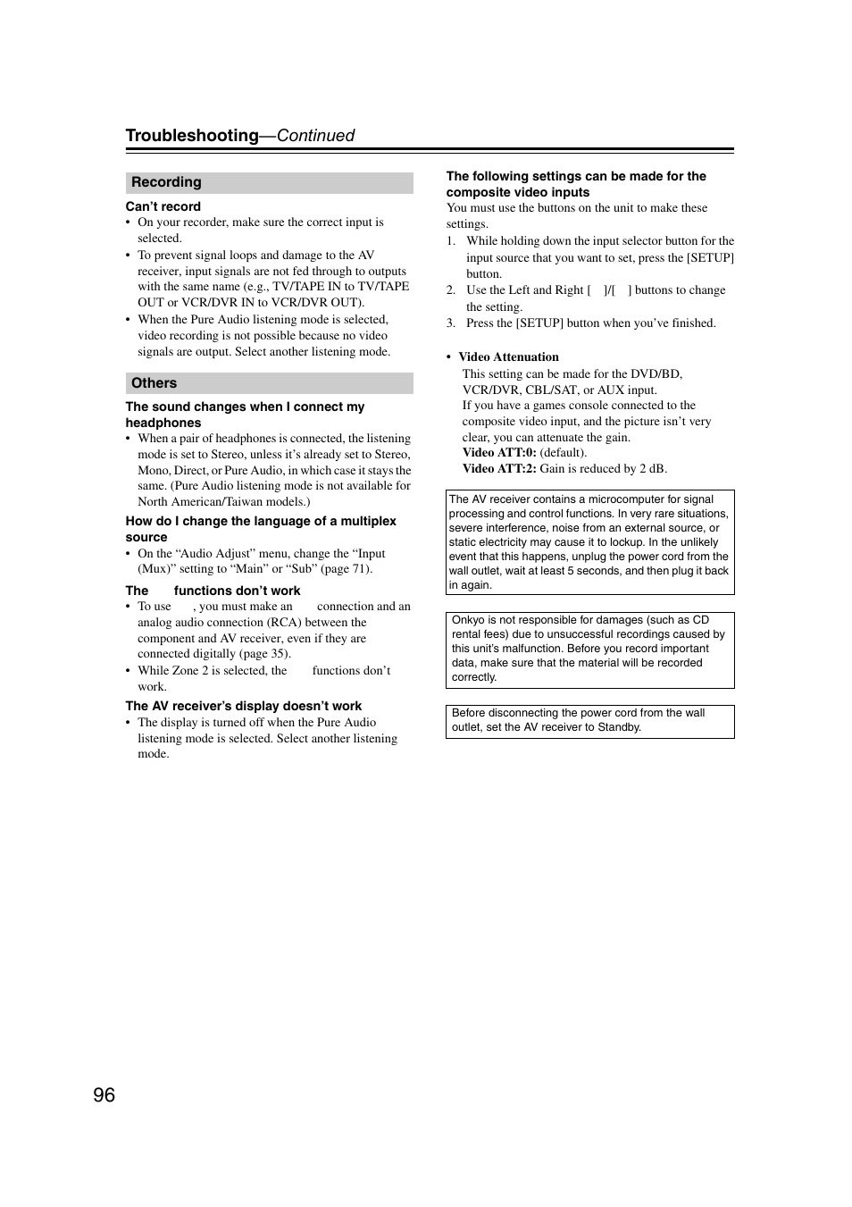 Troubleshooting —continued | Onkyo TX SR507 User Manual | Page 96 / 100