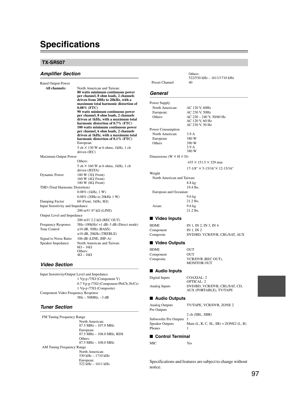 Specifications | Onkyo TX SR507 User Manual | Page 97 / 100