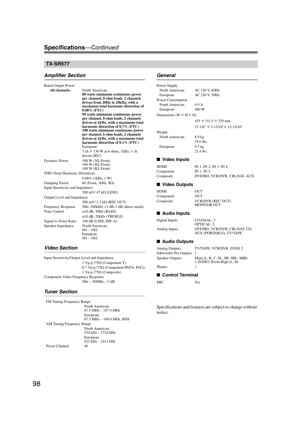Specifications —continued | Onkyo TX SR507 User Manual | Page 98 / 100