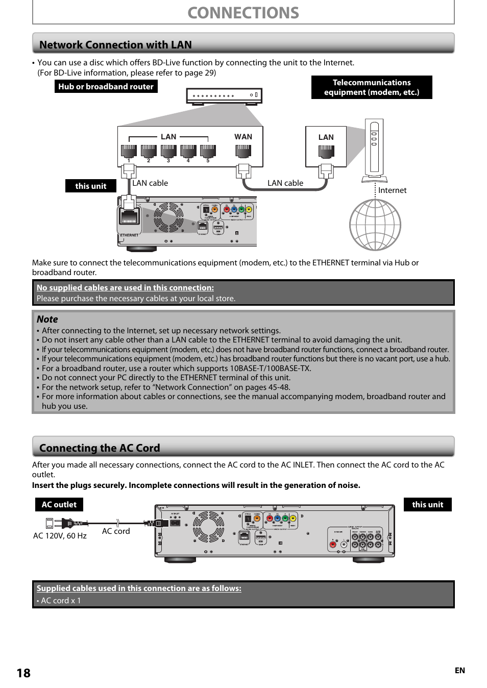 Connections, Network connection with lan, Connecting the ac cord | Onkyo BD-SP807 User Manual | Page 18 / 56