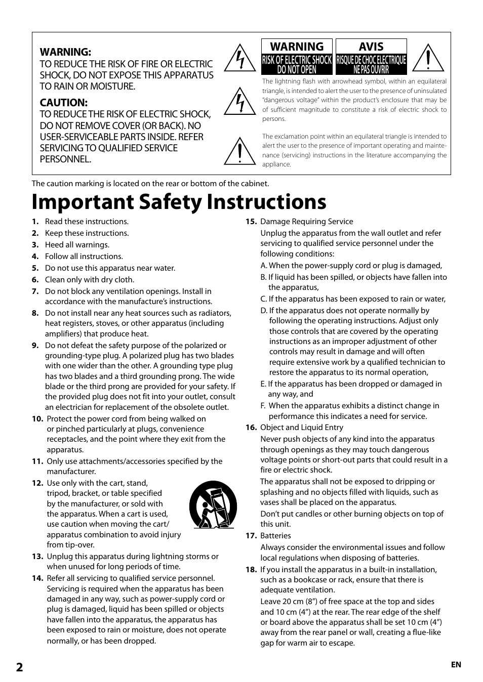 Important safety instructions, Warning, Caution | Onkyo BD-SP807 User Manual | Page 2 / 56