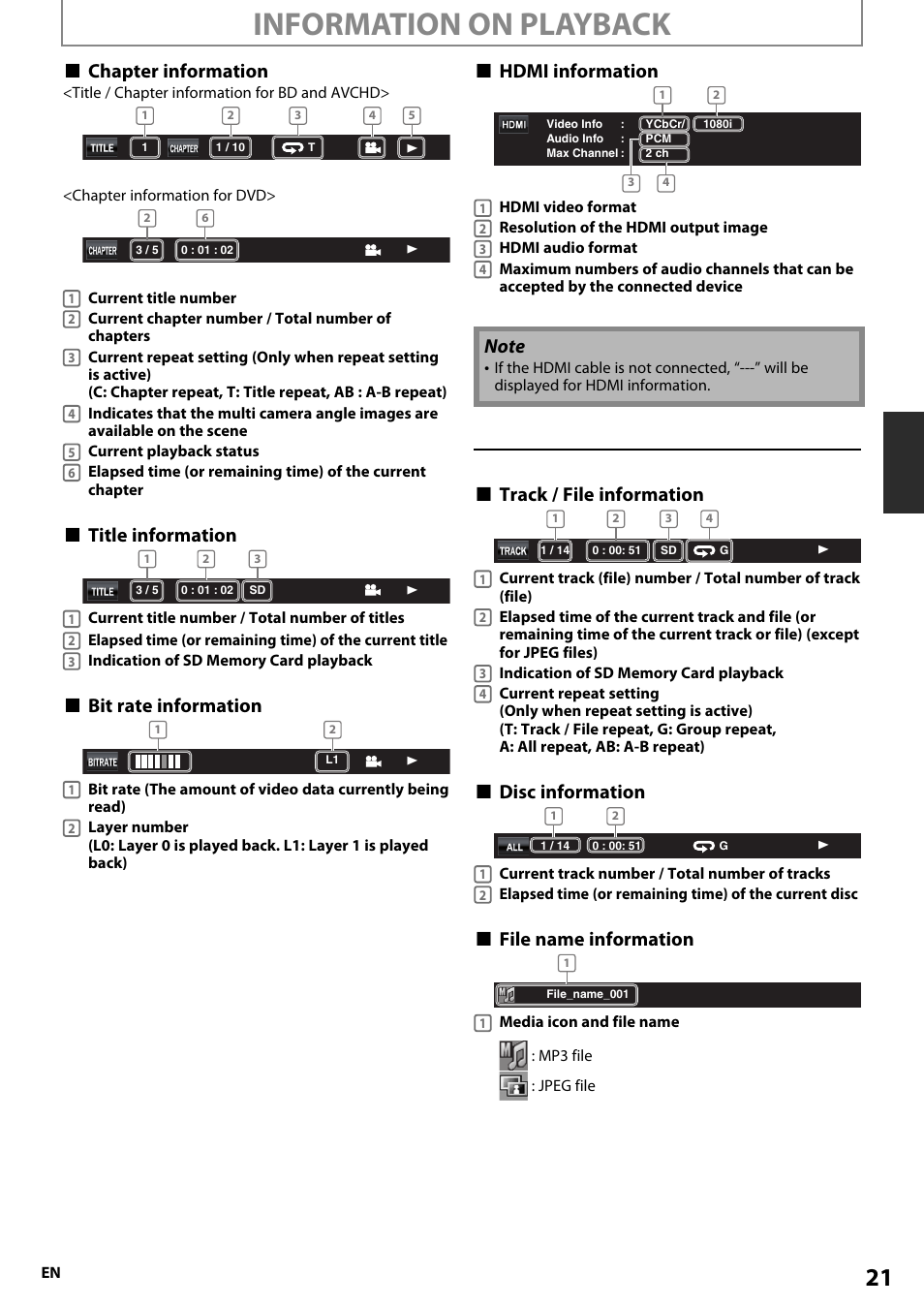 Information on playback, Chapter information, Title information | Bit rate information, Hdmi information, Track / file information, Disc information, File name information | Onkyo BD-SP807 User Manual | Page 21 / 56