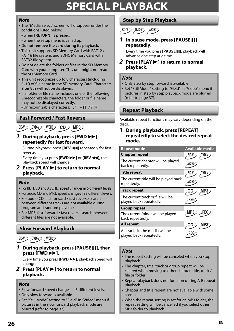 Special playback, Fast forward / fast reverse, Slow forward playback | Step by step playback, Repeat playback | Onkyo BD-SP807 User Manual | Page 26 / 56