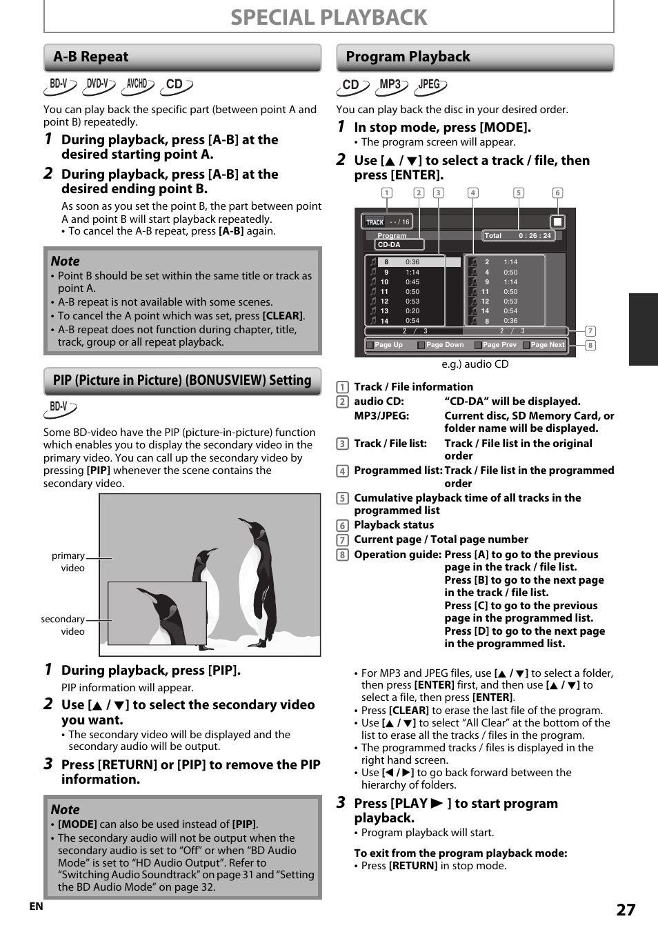 Special playback, A-b repeat, Pip (picture in picture) (bonusview) setting | Program playback, During playback, press [pip, Press [play b ] to start program playback | Onkyo BD-SP807 User Manual | Page 27 / 56