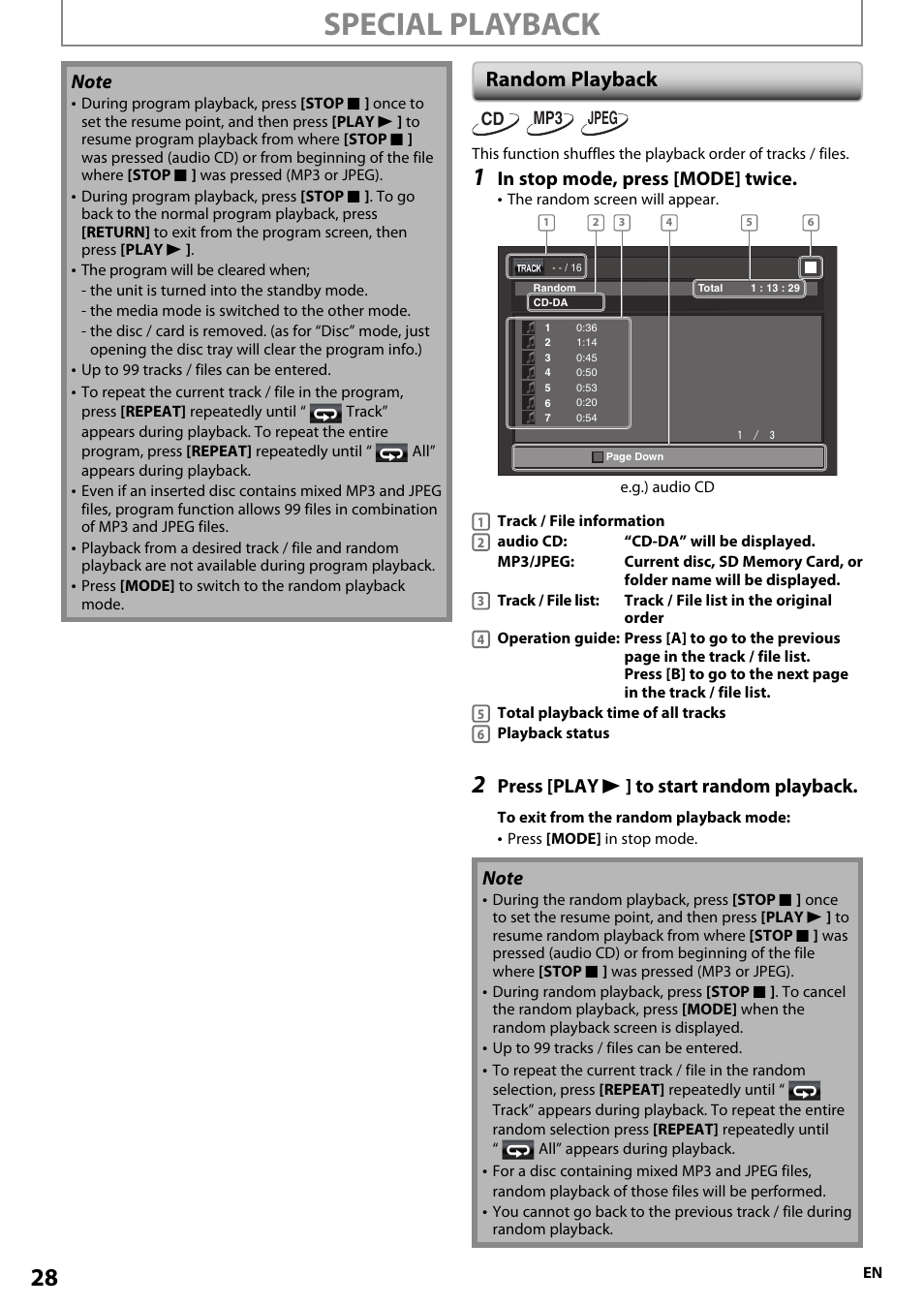 Special playback, Random playback, Press [play b ] to start random playback | Onkyo BD-SP807 User Manual | Page 28 / 56