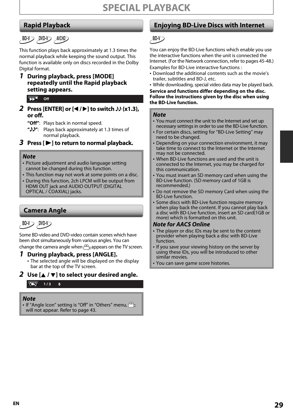 Special playback, Rapid playback, Camera angle | Enjoying bd-live discs with internet | Onkyo BD-SP807 User Manual | Page 29 / 56