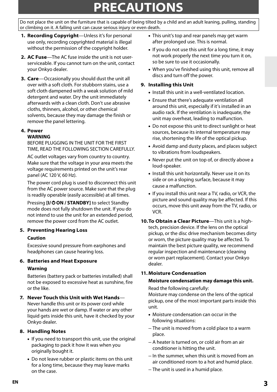 Precautions | Onkyo BD-SP807 User Manual | Page 3 / 56