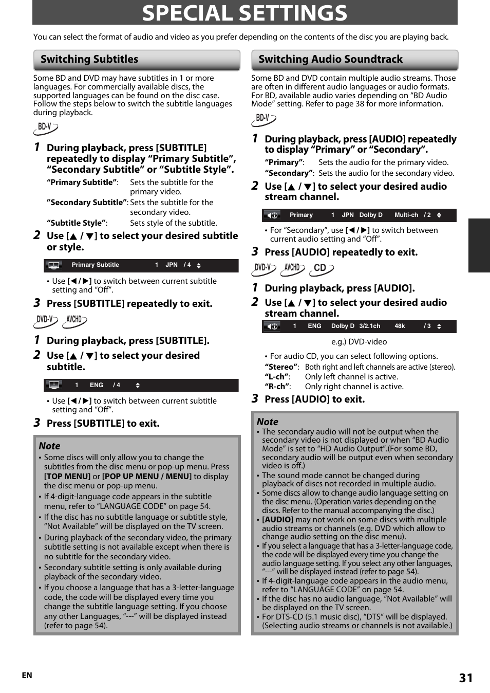 Special settings, Switching subtitles, Switching audio soundtrack | Onkyo BD-SP807 User Manual | Page 31 / 56