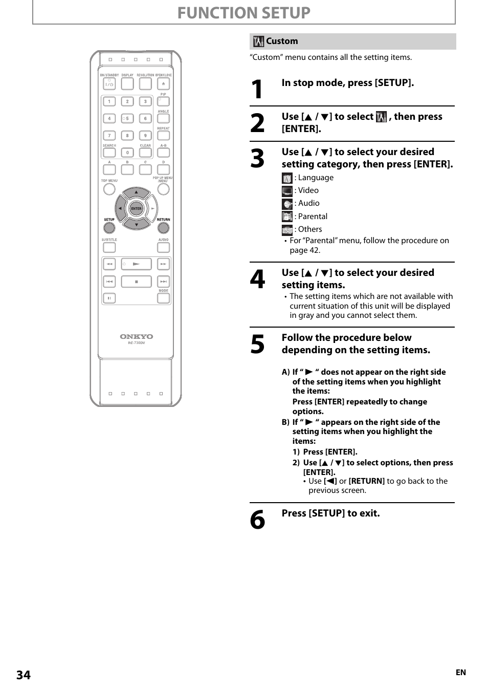 Function setup | Onkyo BD-SP807 User Manual | Page 34 / 56