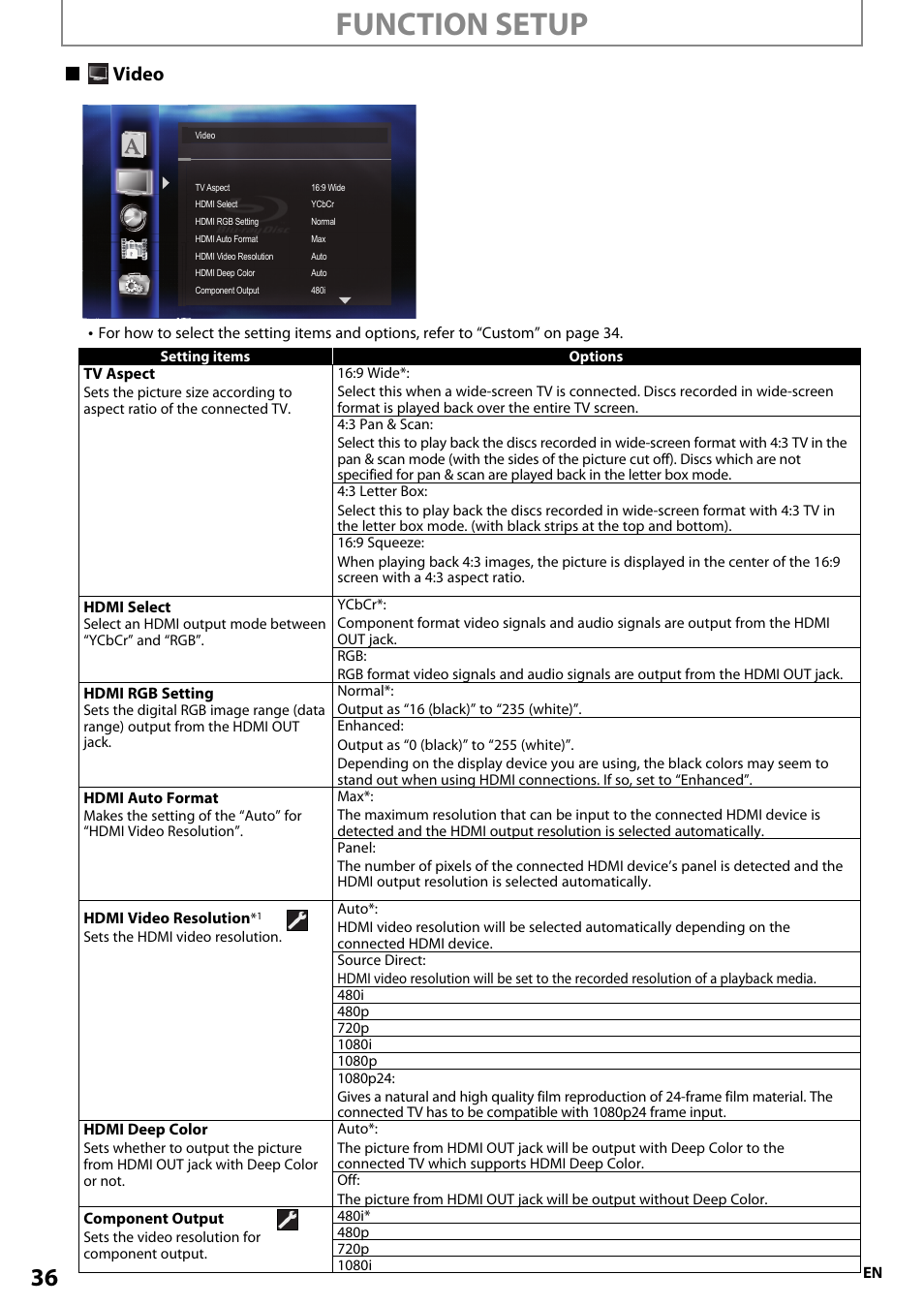 Function setup, Video | Onkyo BD-SP807 User Manual | Page 36 / 56