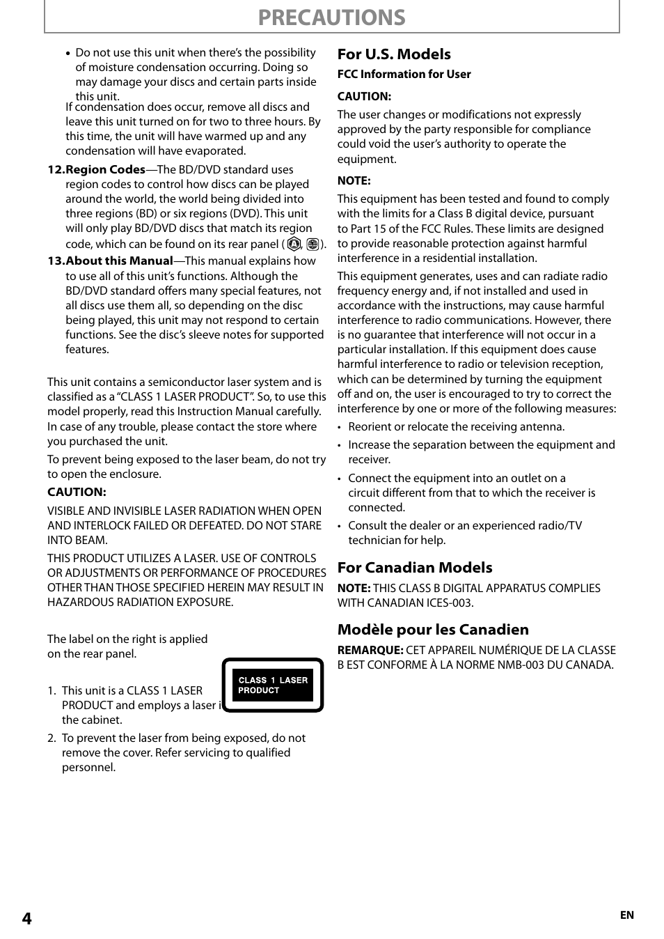 Precautions, For u.s. models, For canadian models | Modèle pour les canadien | Onkyo BD-SP807 User Manual | Page 4 / 56