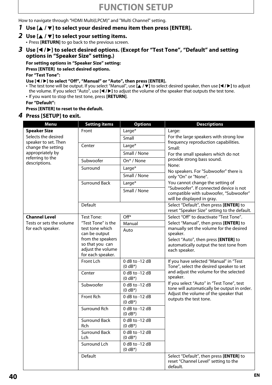 Function setup | Onkyo BD-SP807 User Manual | Page 40 / 56