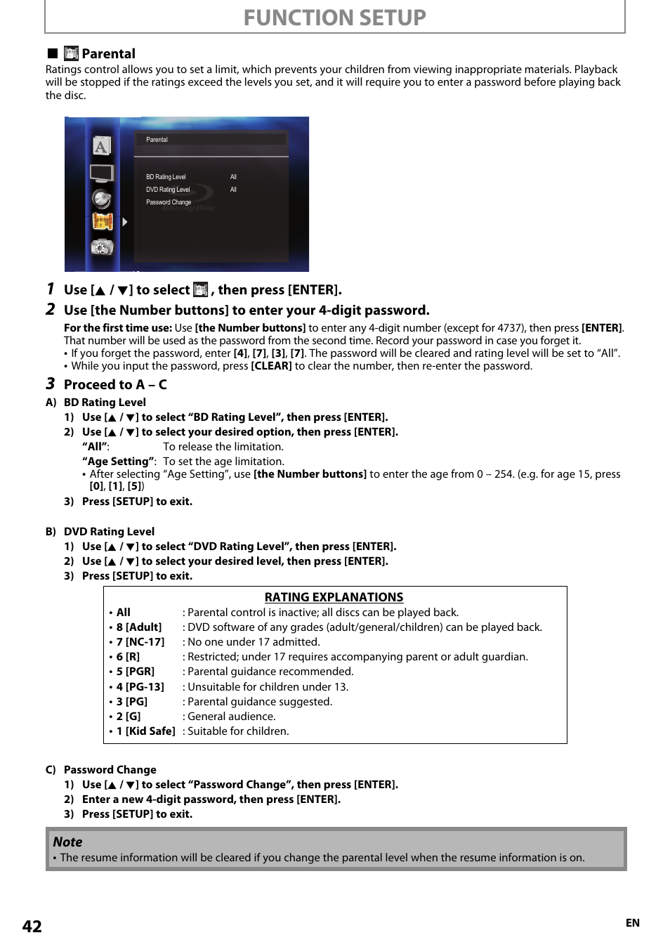 Function setup | Onkyo BD-SP807 User Manual | Page 42 / 56