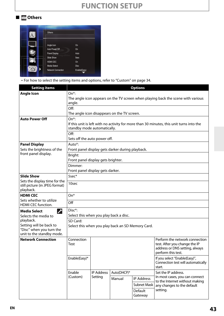 Function setup, Others | Onkyo BD-SP807 User Manual | Page 43 / 56