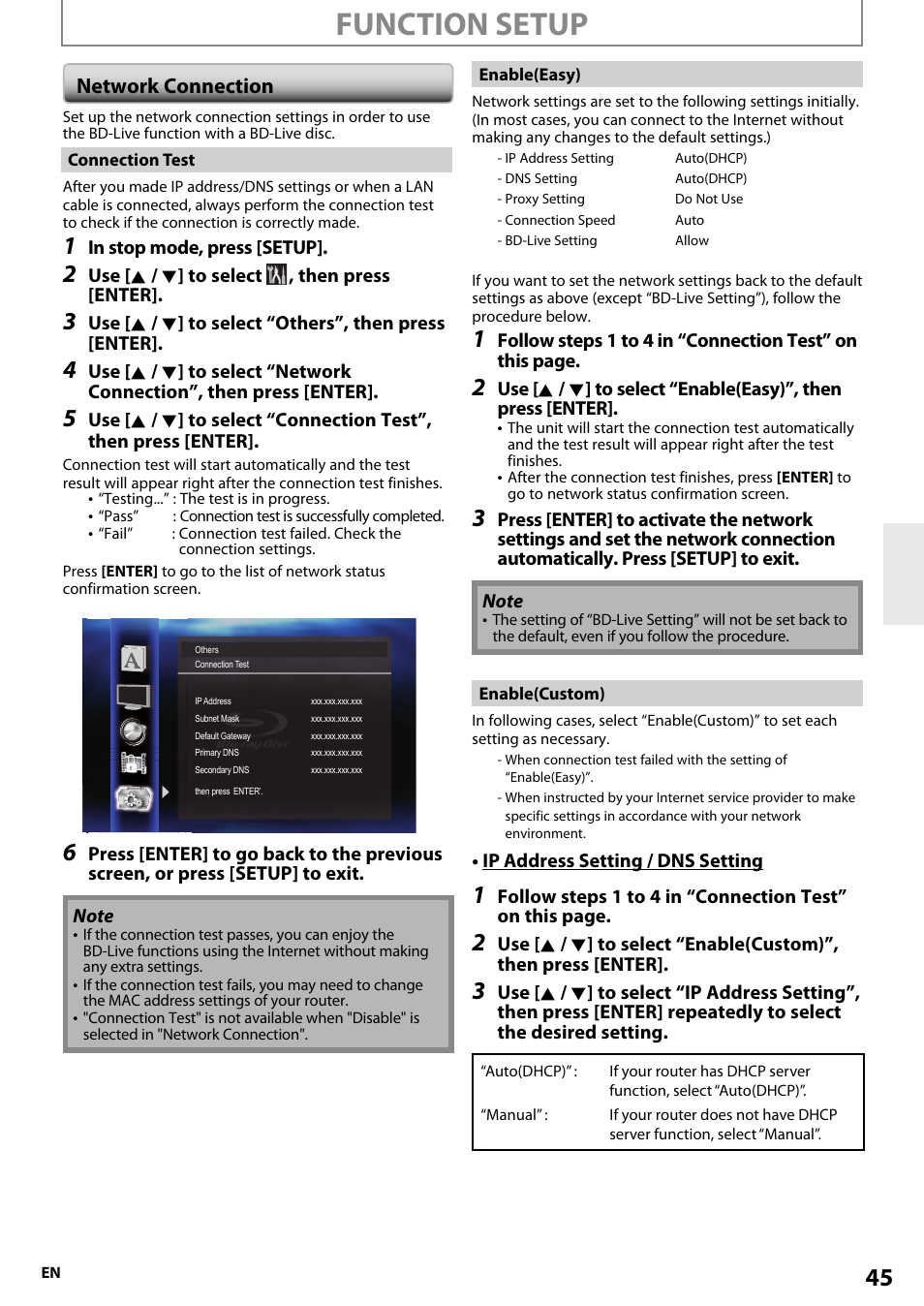 Function setup, Network connection | Onkyo BD-SP807 User Manual | Page 45 / 56