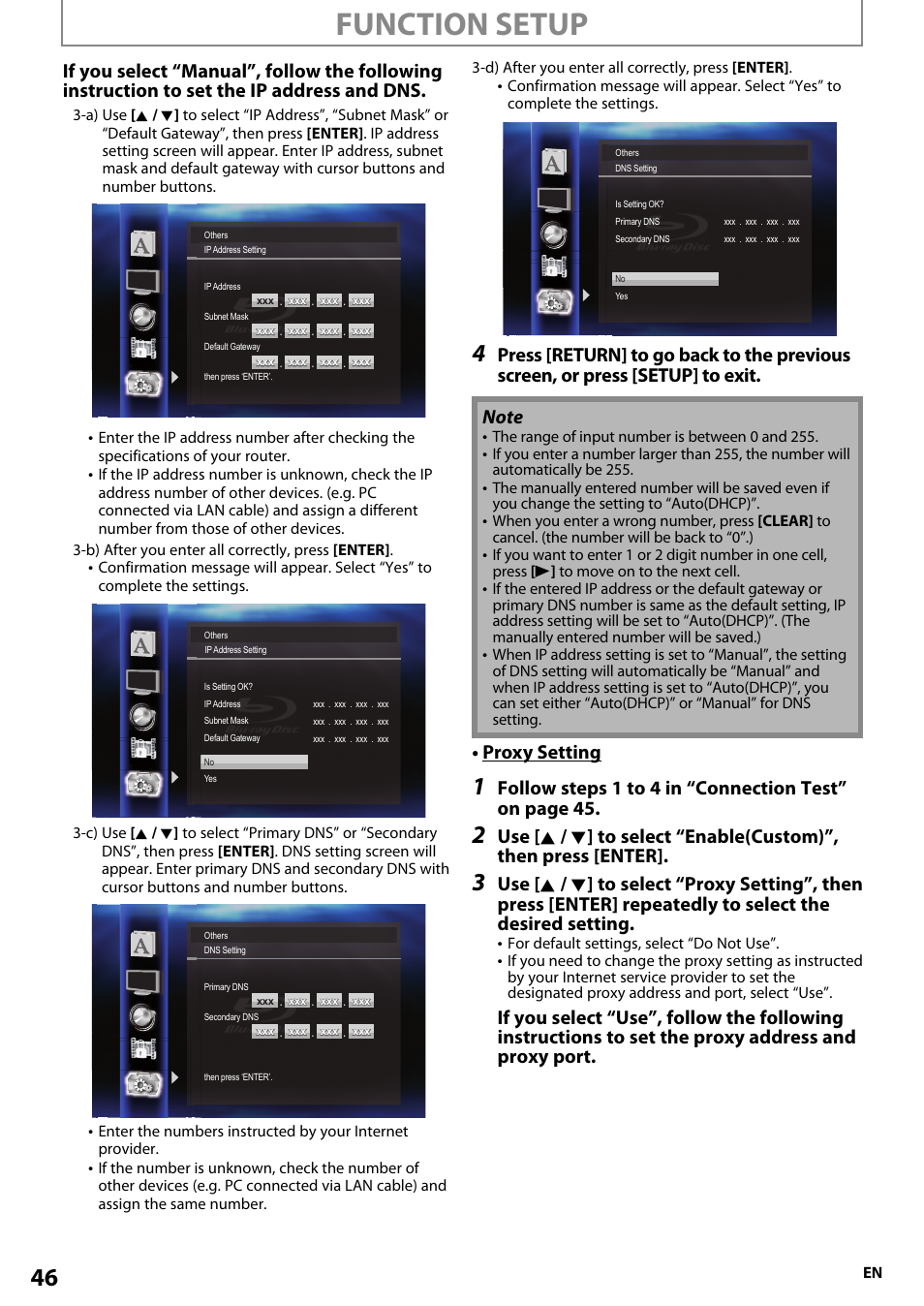 Function setup, Proxy setting | Onkyo BD-SP807 User Manual | Page 46 / 56