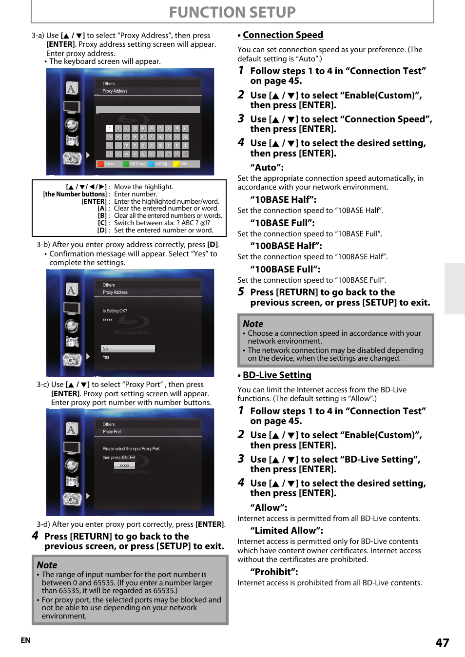 Function setup, Connection speed, Auto | 10base half, 10base full, 100base half, 100base full, Bd-live setting, Allow, Limited allow | Onkyo BD-SP807 User Manual | Page 47 / 56