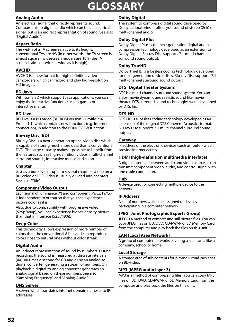 Glossary | Onkyo BD-SP807 User Manual | Page 52 / 56