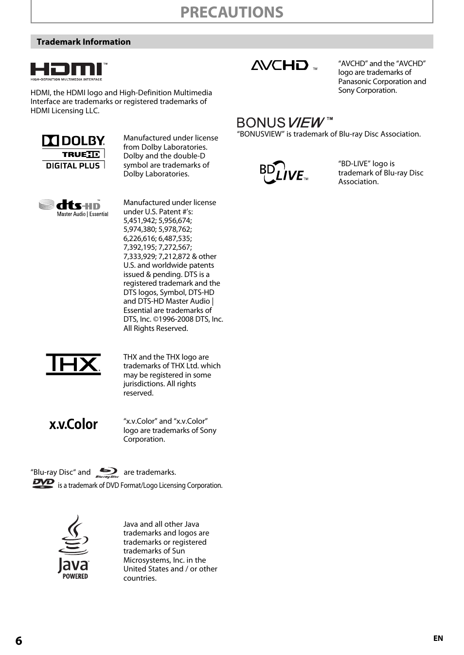 Precautions | Onkyo BD-SP807 User Manual | Page 6 / 56