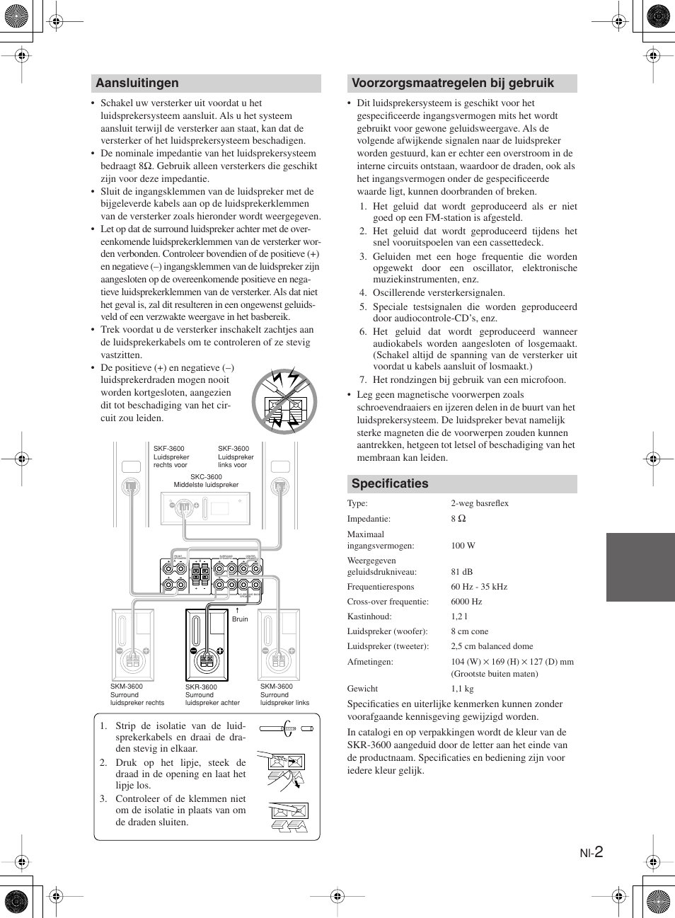 Aansluitingen, Voorzorgsmaatregelen bij gebruik specificaties | Onkyo SKR-3600 User Manual | Page 13 / 20