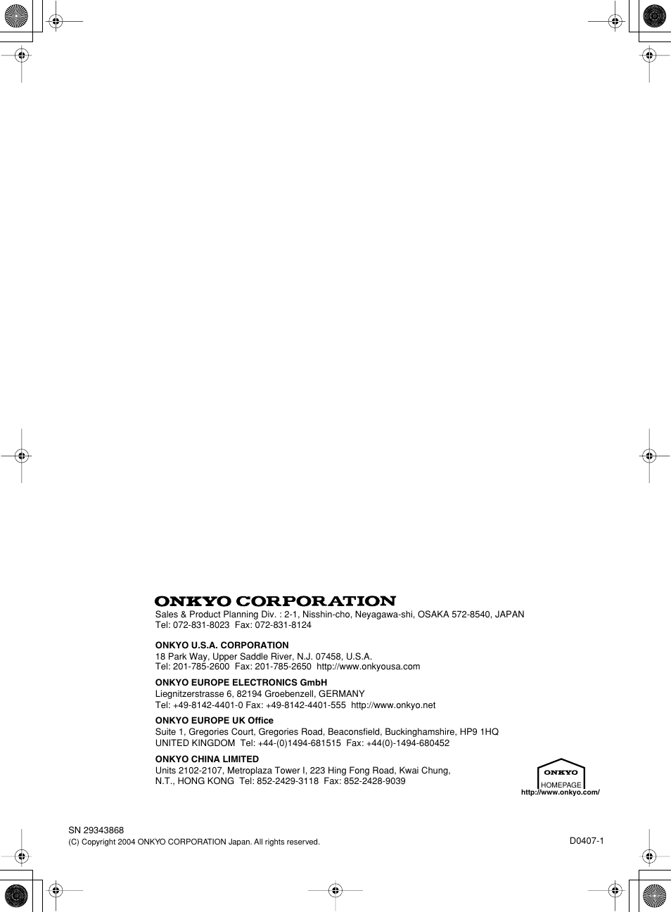 Onkyo SKR-3600 User Manual | Page 20 / 20