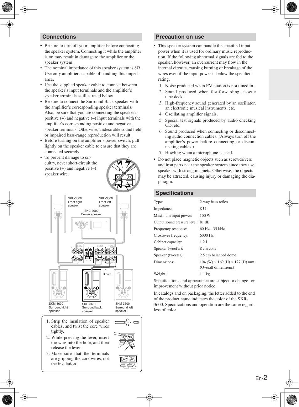 Connections, Precaution on use specifications | Onkyo SKR-3600 User Manual | Page 3 / 20