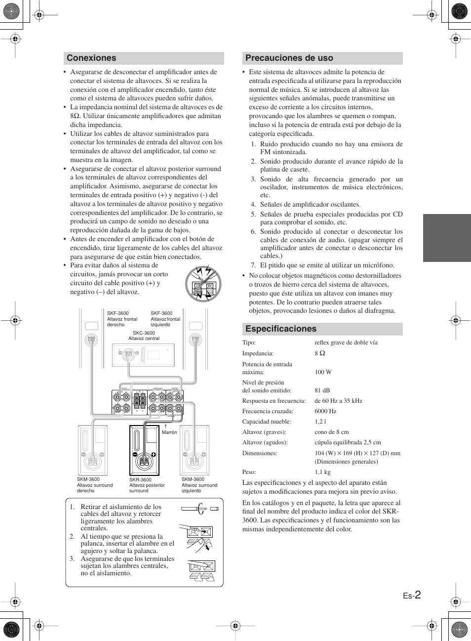 Conexiones, Precauciones de uso especificaciones | Onkyo SKR-3600 User Manual | Page 7 / 20