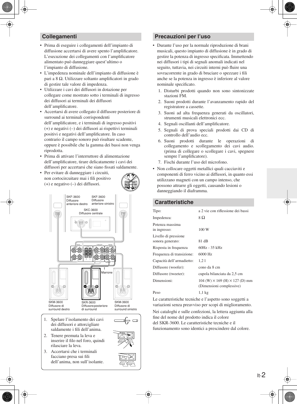 Collegamenti, Precauzioni per l’uso caratteristiche | Onkyo SKR-3600 User Manual | Page 9 / 20