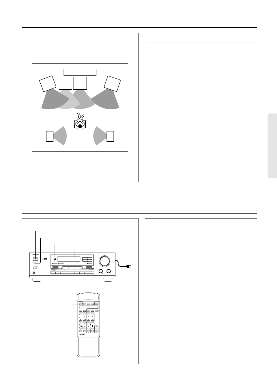 Positioning speakers, Connecting the power, Plug the power cord into an ac wall outlet | Press the power switch to set the receiver to s, Press the standby/on button or power button on, Standard speaker placement, Bass treble c d phones dimmer, Off on power standby/on | Onkyo TX-DS474 User Manual | Page 11 / 32