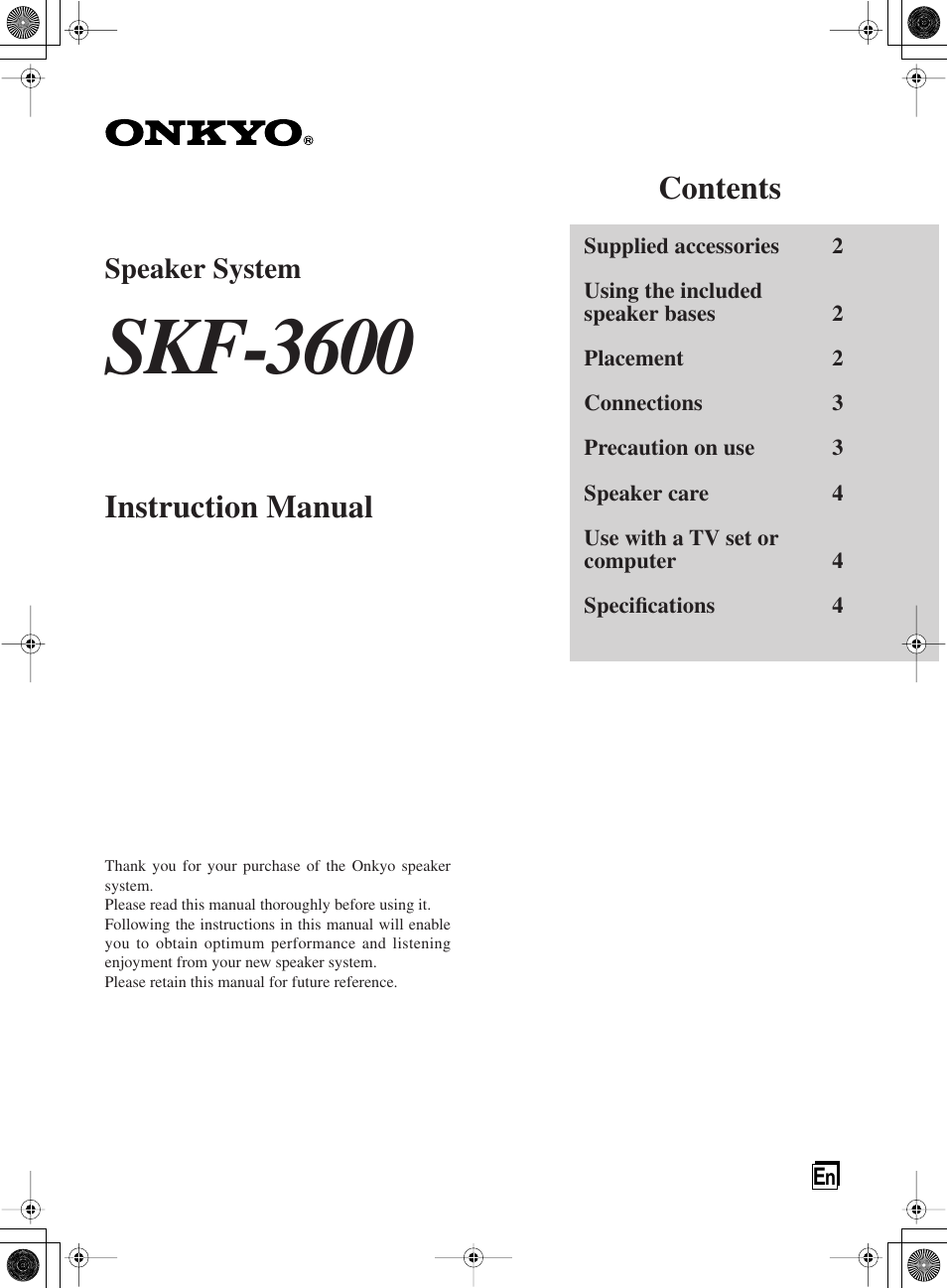Onkyo SKF-3600 User Manual | 4 pages