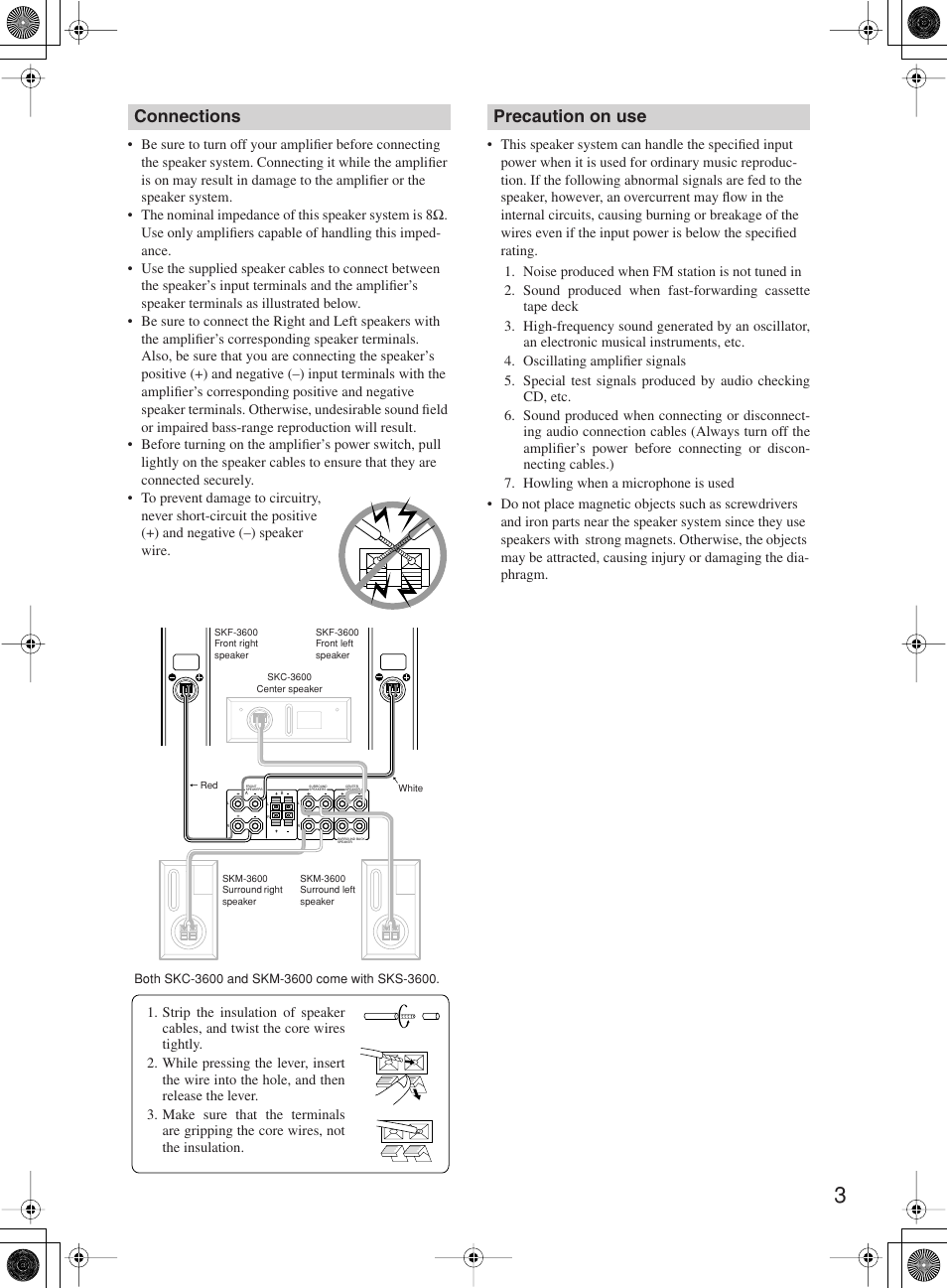 Connections, Precaution on use | Onkyo SKF-3600 User Manual | Page 3 / 4