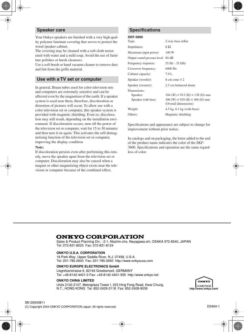 Onkyo SKF-3600 User Manual | Page 4 / 4