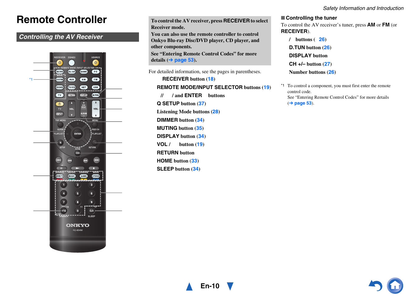 Remote controller, Controlling the av receiver, En-10 | Onkyo HT-RC440 User Manual | Page 10 / 120