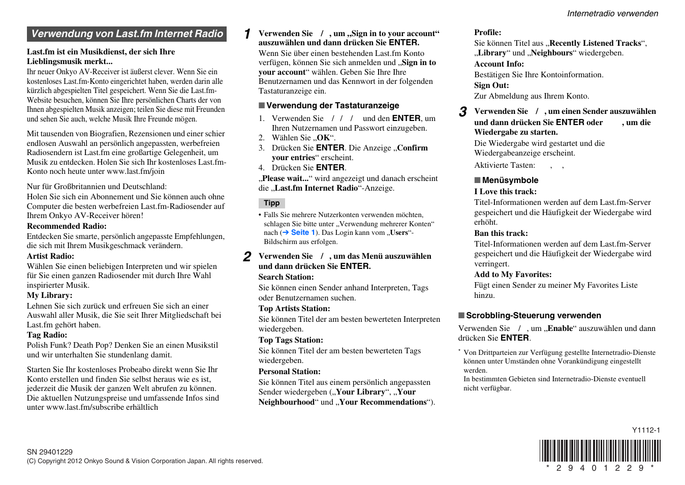 Verwendung von last.fm internet radio | Onkyo HT-RC440 User Manual | Page 100 / 120