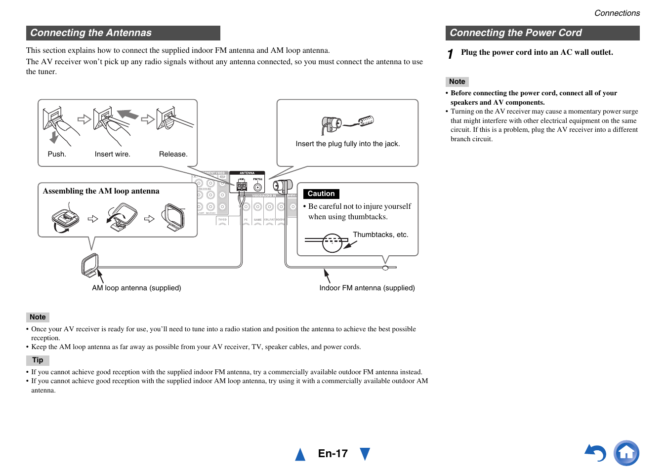 Connecting the antennas, Connecting the power cord, Connecting the antennas connecting the power cord | En-17 | Onkyo HT-RC440 User Manual | Page 17 / 120