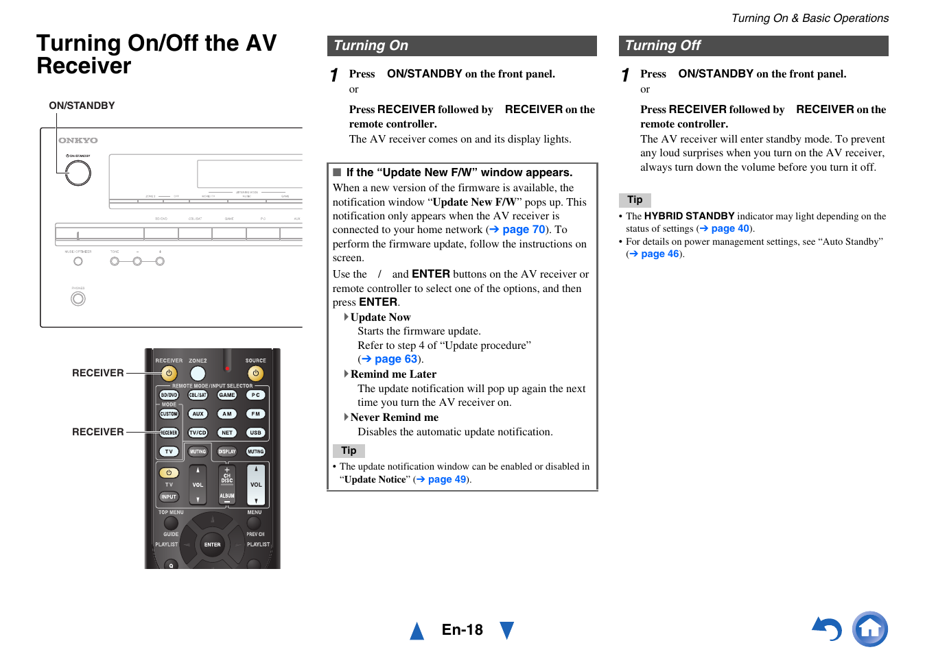 Turning on & basic operations, Turning on/off the av receiver, Turning on | Turning off, Turning on turning off, Button, En-18 | Onkyo HT-RC440 User Manual | Page 18 / 120