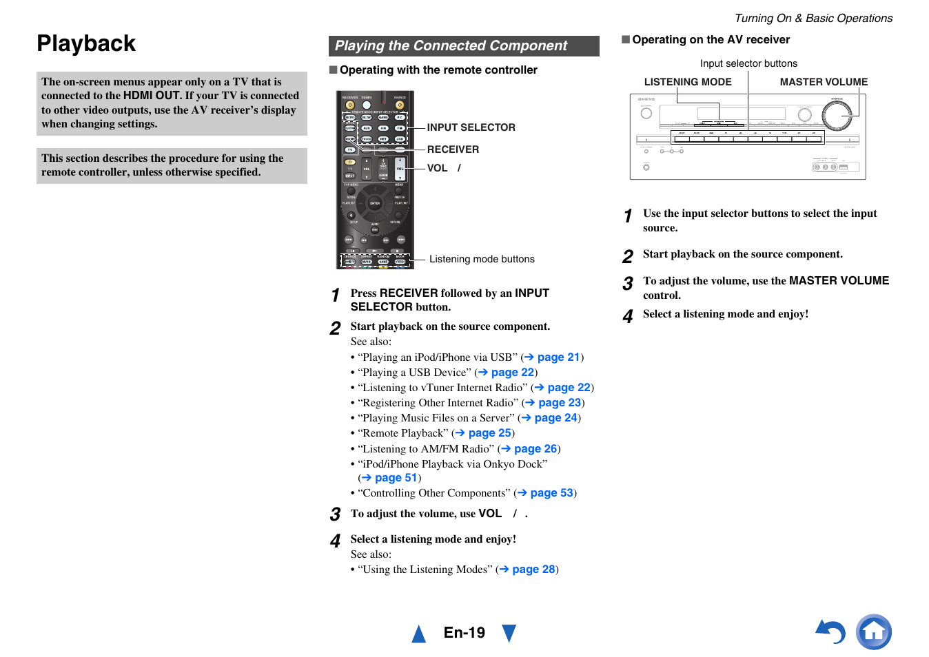 Playback, Playing the connected component | Onkyo HT-RC440 User Manual | Page 19 / 120