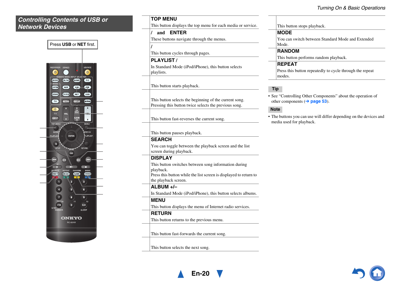 Controlling contents of usb or network devices, En-20 | Onkyo HT-RC440 User Manual | Page 20 / 120