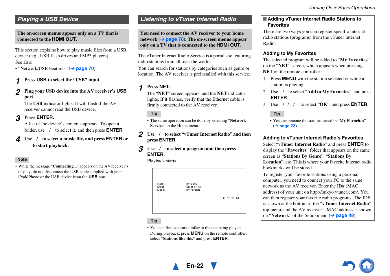 Playing a usb device, Listening to vtuner internet radio, Cator | En-22 | Onkyo HT-RC440 User Manual | Page 22 / 120
