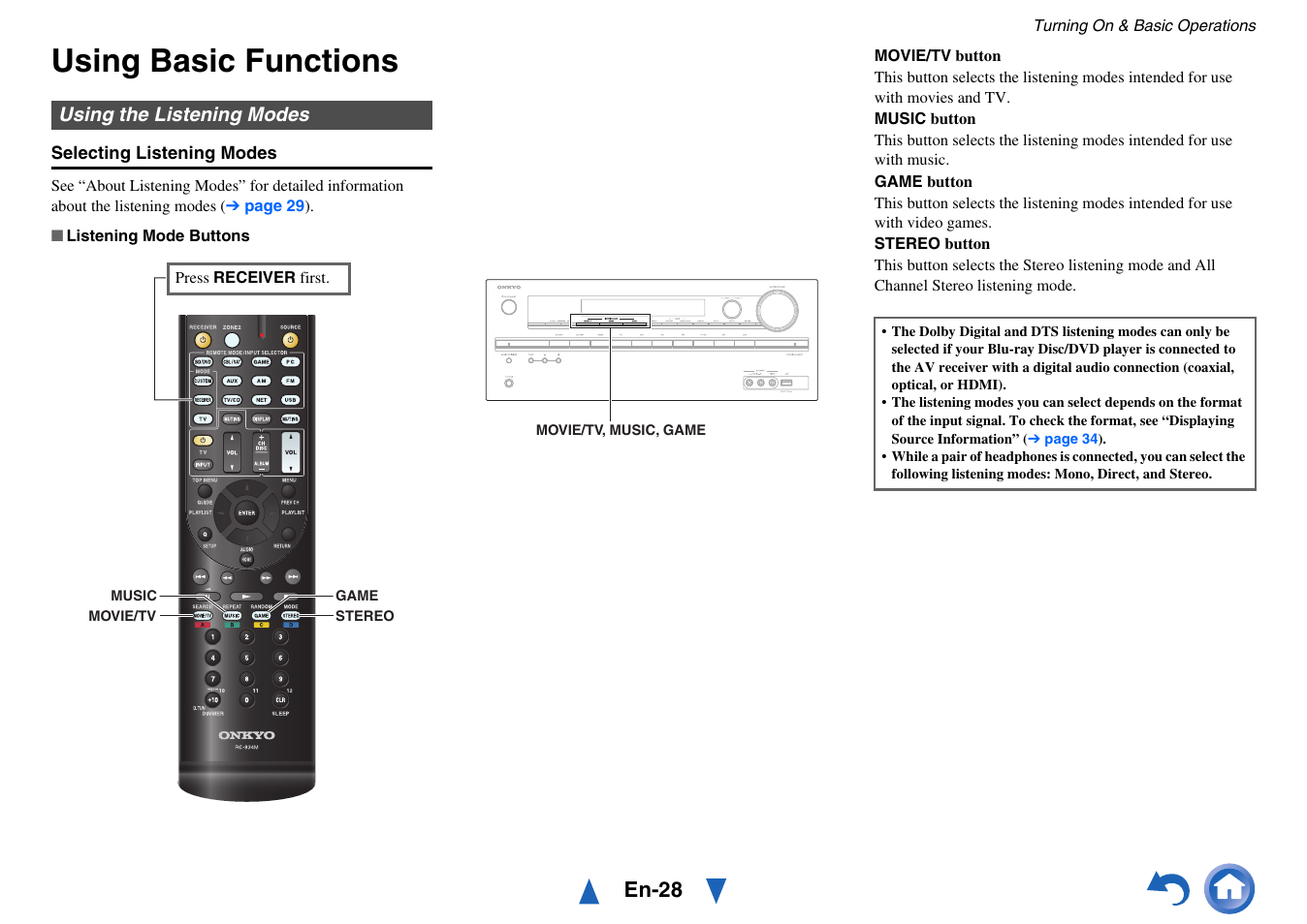 Using basic functions, Using the listening modes, En-28 | Onkyo HT-RC440 User Manual | Page 28 / 120