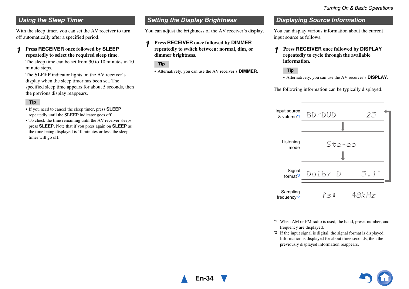 Using the sleep timer, Setting the display brightness, Displaying source information | See “displaying source information, En-34 | Onkyo HT-RC440 User Manual | Page 34 / 120