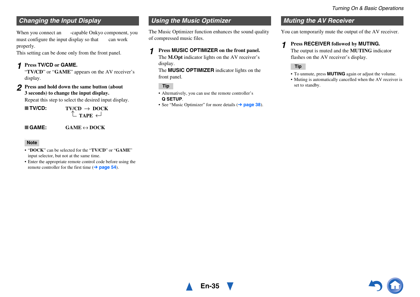 Changing the input display, Using the music optimizer, Muting the av receiver | En-35 | Onkyo HT-RC440 User Manual | Page 35 / 120