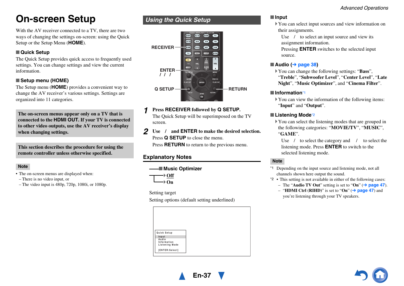 Advanced operations, On-screen setup, Using the quick setup | Button, Setup, En-37 | Onkyo HT-RC440 User Manual | Page 37 / 120