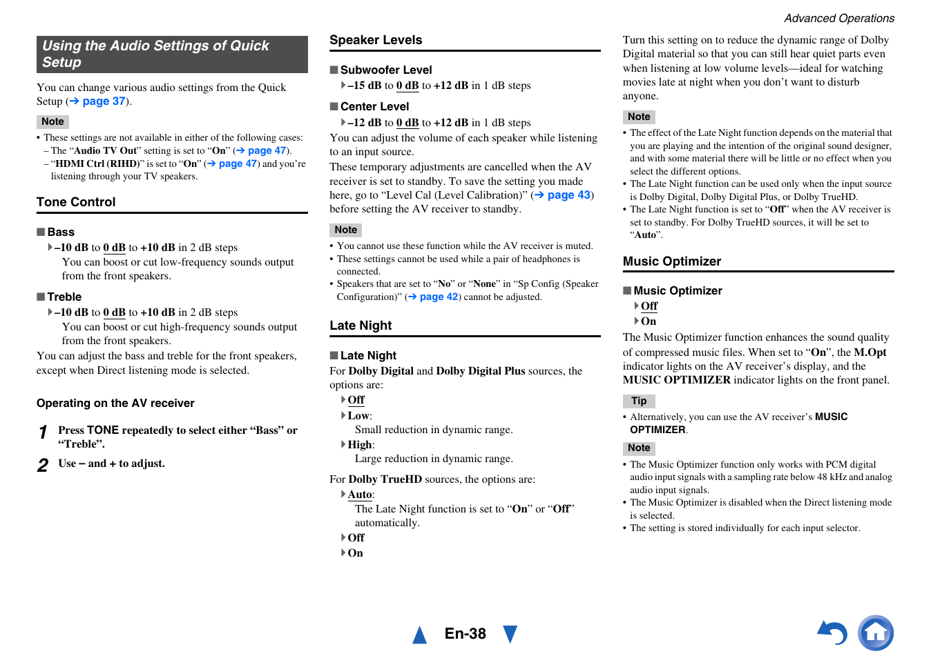 Using the audio settings of quick setup, Music optimizer” f, En-38 | Onkyo HT-RC440 User Manual | Page 38 / 120